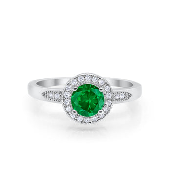 Halo Art Deco Engagement Ring Round Simulated Green Emerald CZ 925 Sterling Silver